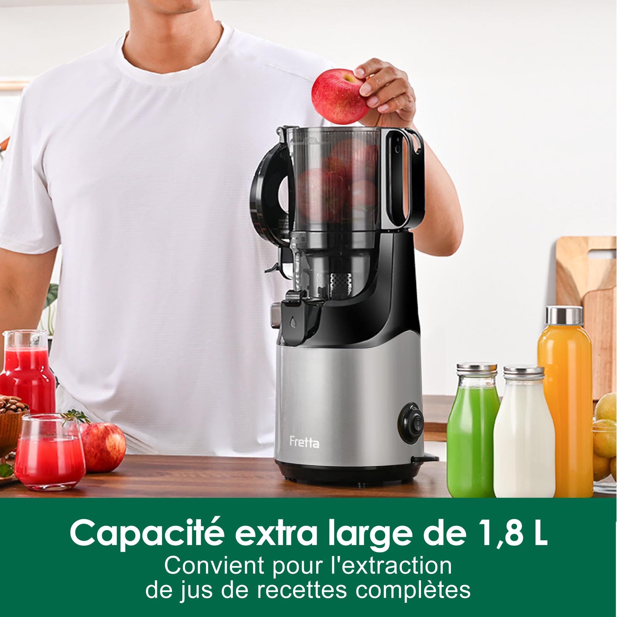Fretta Extracteur de jus Max, Extracteur de jus de fruits et légumes, Slow Juicer Grand diamètre de 135 mm, 1.8L pressé à froid, Sans BPA, Gris