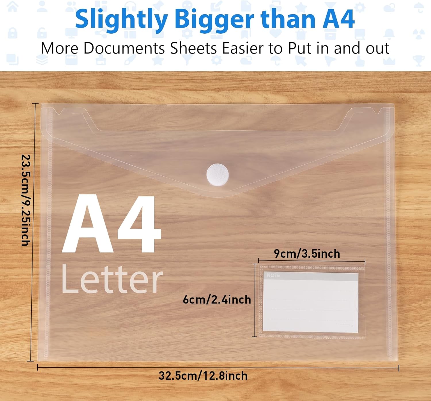 48 Pack Plastic Envelopes File Folders, Clear Poly Folders for Documents A4 Letter Size with Label Pocket, Waterproof Plastic File Folder for School Home Work Office Organizer, Hook & Loop Closure