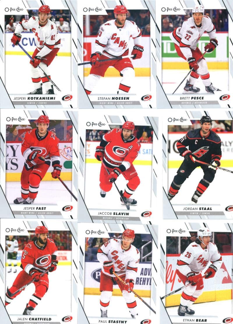 2023-24 O-Pee-Chee Veterans Carolina Hurricanes Team Set of 18 Cards: Sebastian Aho(#3), Martin Necas(#57), Max Pacioretty(#60), Pyotr Kochetkov(#63), Andrei Svechnikov(#114), Seth Jarvis(#125), Brent Burns(#141), Jordan Martinook(#220), Brady Skjei(#234), Jordan Staal(#254), Jalen Chatfield(#267), Paul Stastny(#270), Ethan Bear(#284), Jaccob Slavin(#316), Brett Pesce(#355), Jesper Fast(#365), Jesperi Kotkaniemi(#402), Stefan Noesen(#475), plus more - Sportscard Superstore