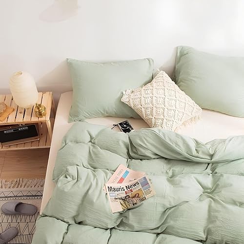Miniatura 2 de INDACORIFY Juego de funda de edredón de algodón lavado verde salvia, juego de ropa de cama bohemio, tamaño individual, matrimonial, queen, king,