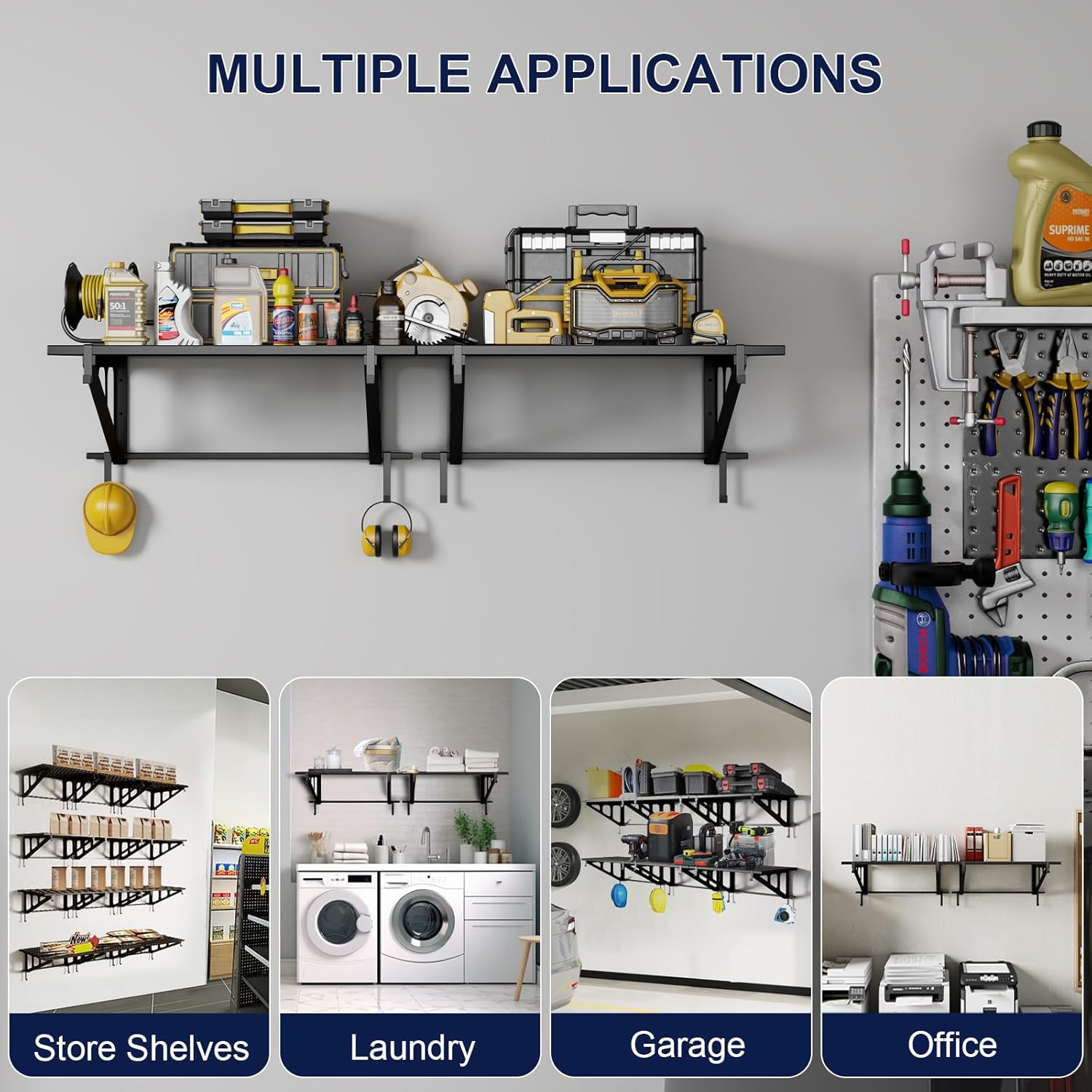 2-Pack 2x3ft Heavy Duty Garage Wall Shelves, 660 lbs Capacity Steel Wall Mounted Shelving with Hooks, Garage Storage Rack for Tools & Organization