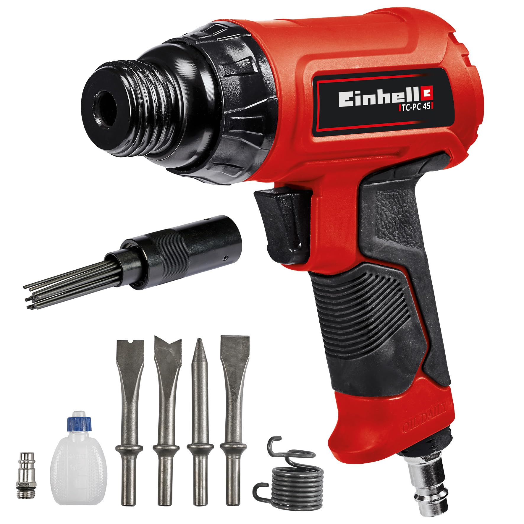 Einhell Marteau burineur pneumatique TC-​PC 45 Kit (pour pierre + métal, avec kit de 4 burins de 120 mm, embout pour dérouilleur à aiguilles, flacon d'huile (vide))