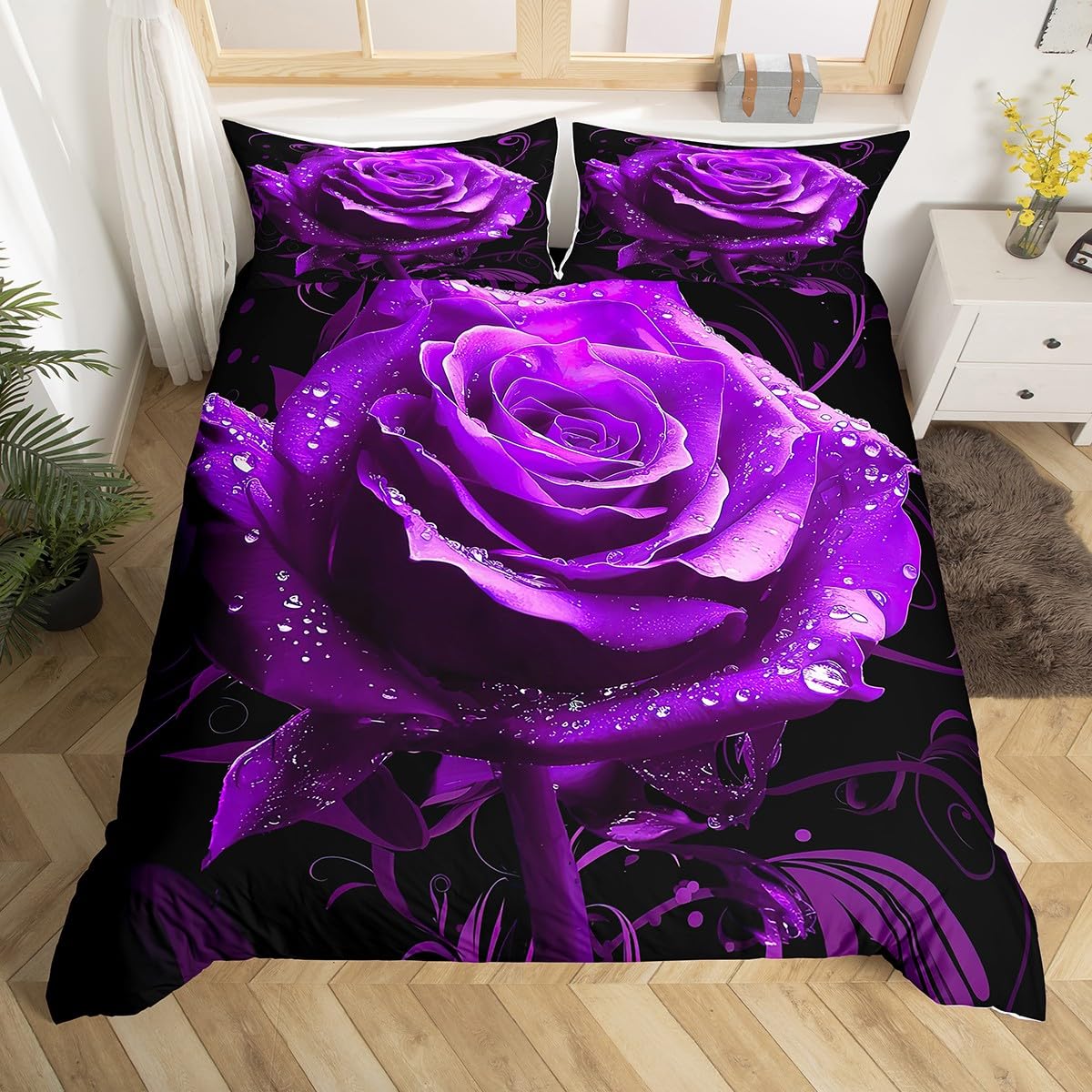 Housses de Couettes Florale Boho 220x240 Couvre Lit Violet
