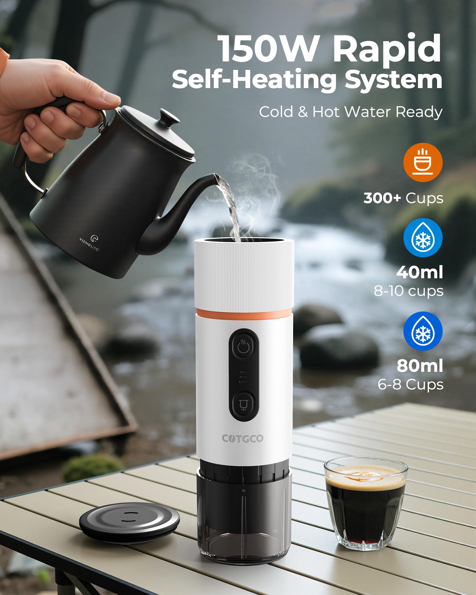 Macchina per caffè Espresso Portatile : Macchina da caffè Portatile a Batteria per viaggi in Campeggio - Riscaldamento Rapido in 2,5 inuti - 8 Tazze di Caffè Espresso per una Carica - Bianco