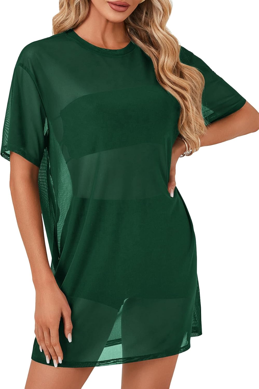 LYANER Women's Sheer Mesh Short Sleeve Cover Ups Round Neck See Through Sexy Blouse Shirt Top - Image 4