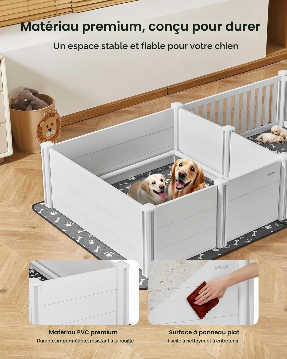 VEVOR Parc de Mise Bas pour Chien, 236x123x46 cm, Caisse de Mise Bas pour Chiots, avec Porte Hauteur Réglable, Tapis d'Urine Lavable, Boite de Naissance Plastique PVC pour Chiens de Très Grande Race
