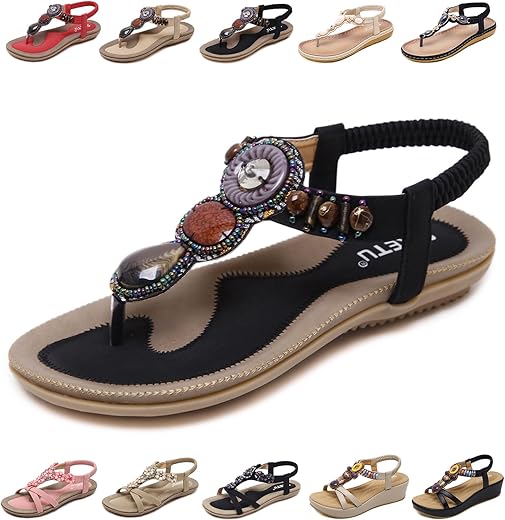 QJJQ Sandalen Damen mit Absatz Sommer Bequem Elegant Sandalen mit Strass Perlen Bohemia Strand Schuhe Freizeit Flach Sandalette Größe 36-42