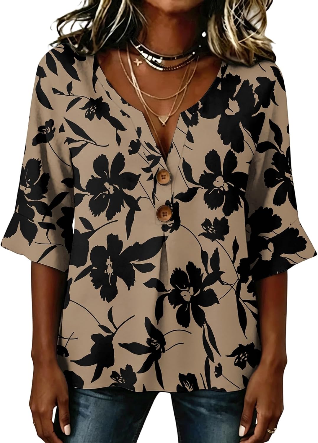 3/4 Sleeve Tops for Women Summer Trendy Button Down Henley Shirts Casual V Neck Three Quarter Sleeve Graphic Blouses