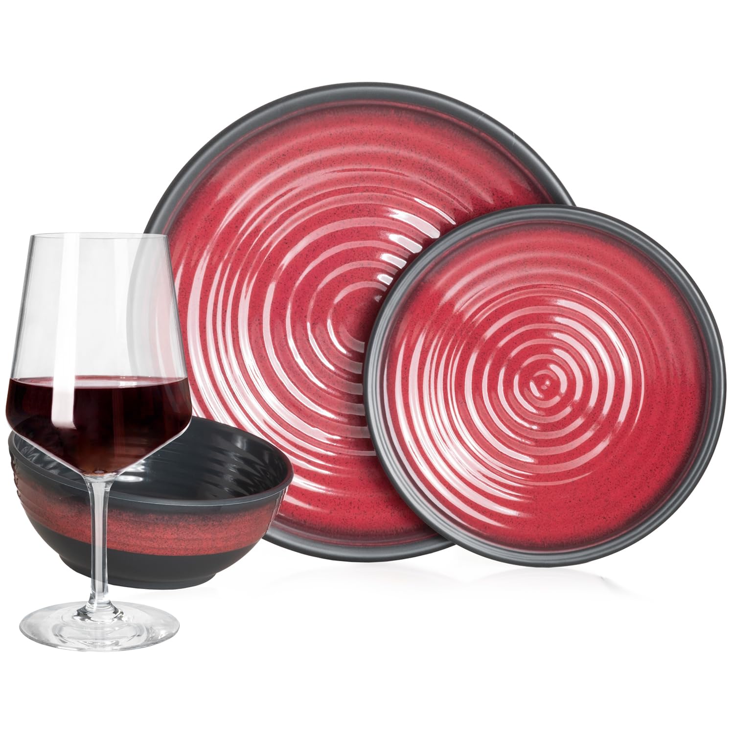 Vajilla de melamina para camping, 4 personas, color rojo piedra + 4 copas de vino tinto Milano, copas de vino rojo, vajilla de pícnic, barbacoa