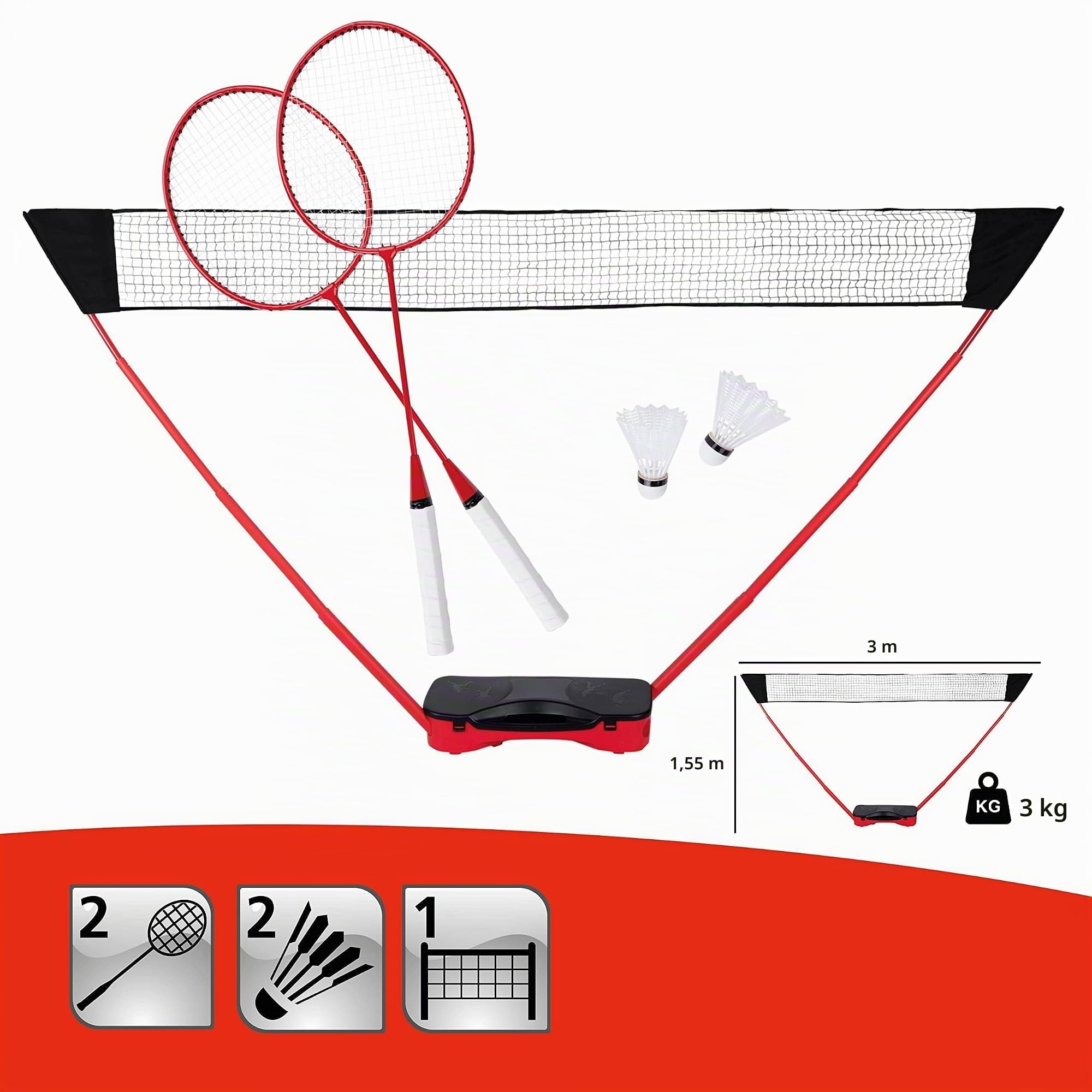 Donnay Badminton Set Complet - Raquette De Badminton pour 2 Joueurs - avec Volant et Filet Exterieur - Idéal pour Jeux Exterieur Adulte