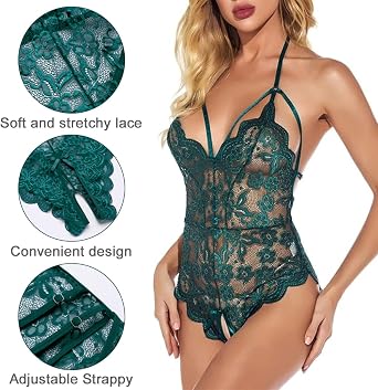 Women Sexy Lace Lingerie Bodysuit One Piece Teddy Underwear Halter Leotard Deep V Sleepwear Backless Negligee