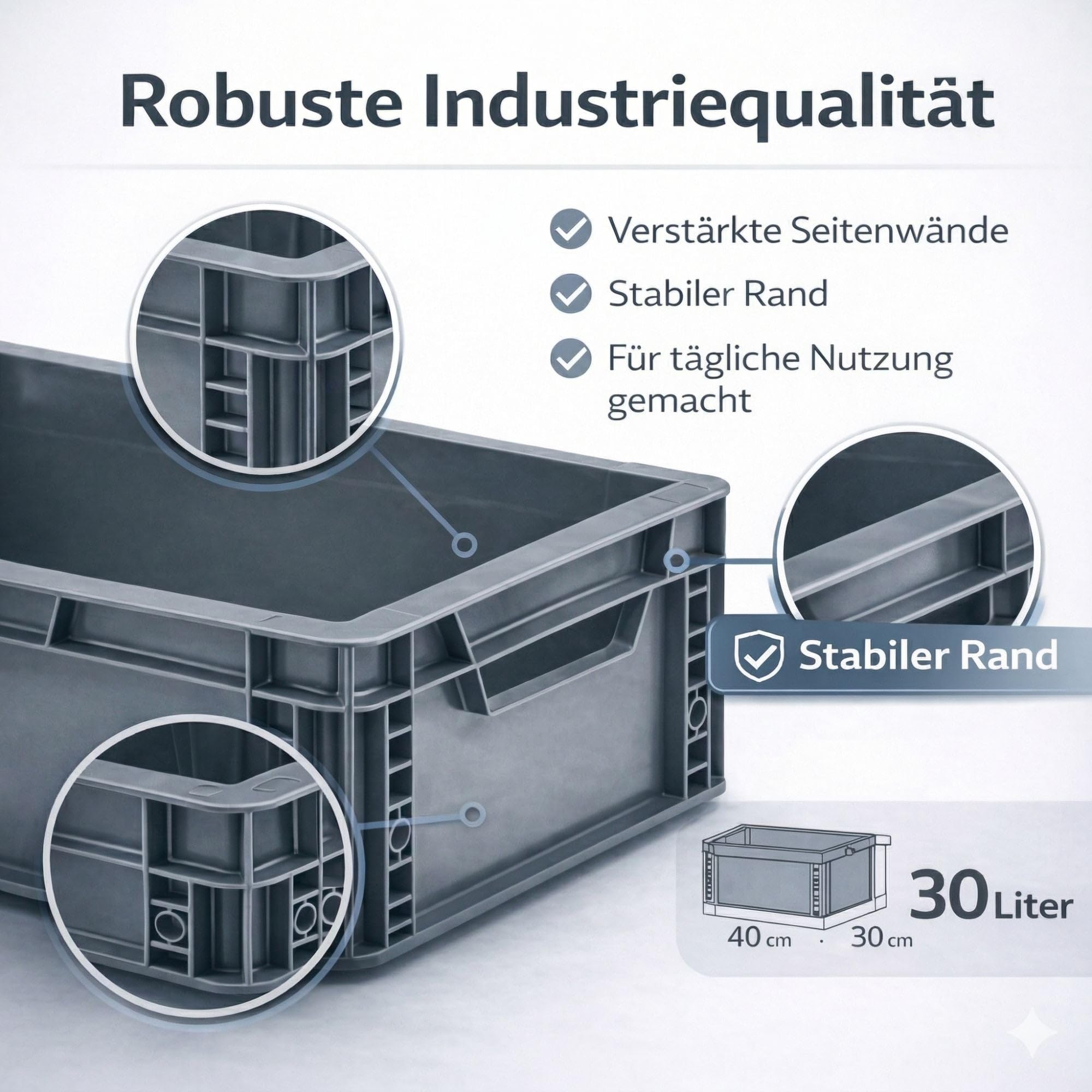 RODOPI 8x Eurobox 40x30x32 cm, stapelbar, graue Transportbox aus PP-Kunststoff, Eurobehälter mit 2 Grifföffnungen, Aufbewahrungsbox für Lager, Werkstatt, Haushalt