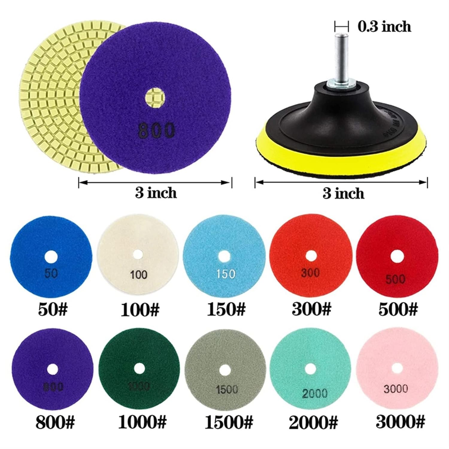 Wet Polisher 12Pcs 3 inch Diamond Polishing Pads Set Wet/Dry Polishing Kit for Granite Stone Concrete Marble Floor Grinder Polisher