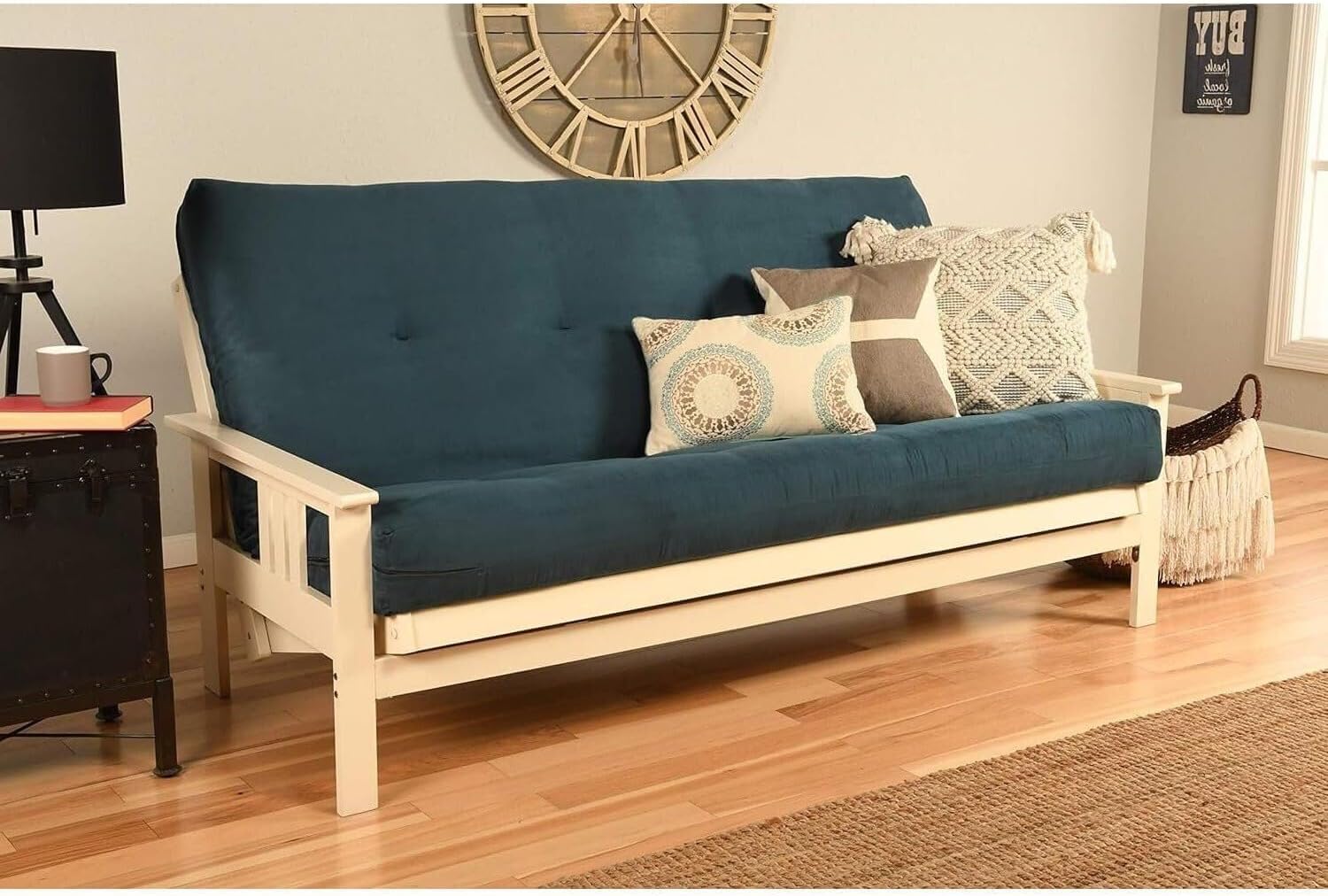 Maykoosh Full Size Futon Frame & Mattress Set - White Finish Convertible Sofa Bed - 33" H x 79" L x 37" D