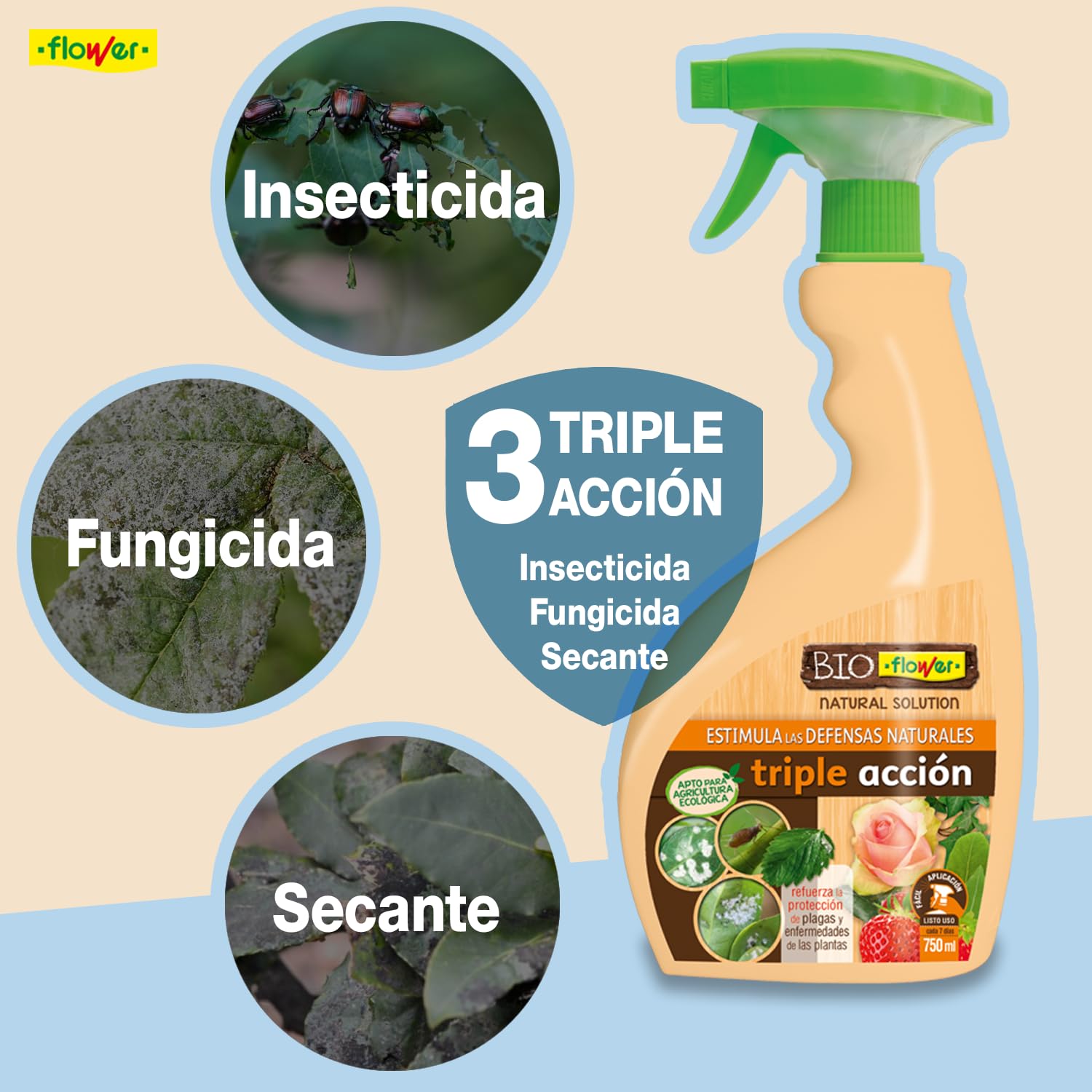 BioFlower - Triple Acción Ecológico 750 ml | Insecticida, Fungicida y Secante | Boro y Extractos Vegetales Biodegradables | Apto Agricultura Ecológica | Listo Para Usar
