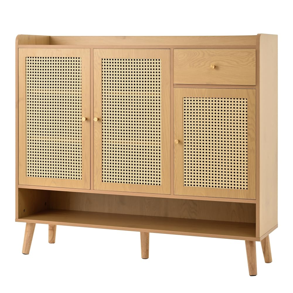 I0I&I0I Rattan Schuhschrank mit 2 Türen, Schuhkommode mit 5 Böden, Holzgriffe und Massivholzbeine für Flur und Eingangsbereich (Natural + Particle Board)