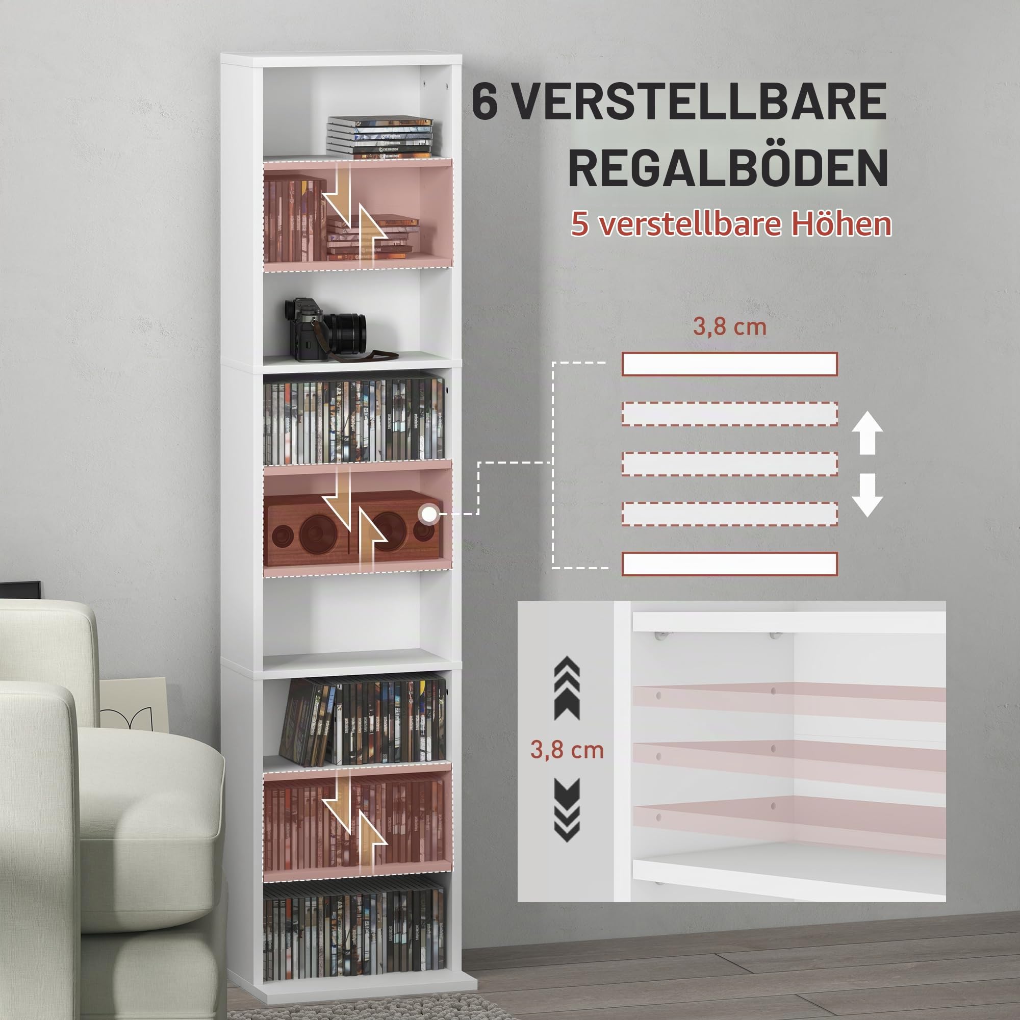 HOMCOM CD- und DVD-Aufbewahrung, Multimedia-Aufbewahrungsmöbel, max. Kapazität 260 CDs/120 DVDs, 9 Fächer und 6 verstellbare Regale, für Wohnzimmer, Schlafzimmer, Büro, 33 x 24 x 140 cm, weiß