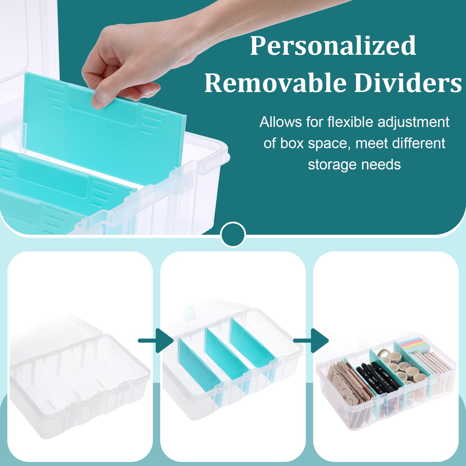 BTSKY Boîte de rangement en plastique transparent avec 4 compartiments réglables avec couvercle - Boîte de rangement multifonction pour travaux manuels, fournitures d'art, 33,3 x 20,6 x 8,6 cm