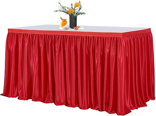 Falda de mesa de poliéster, decoración roja para boda, fiesta de cumpleaños, decoración de mesa nupcial, 14 pies