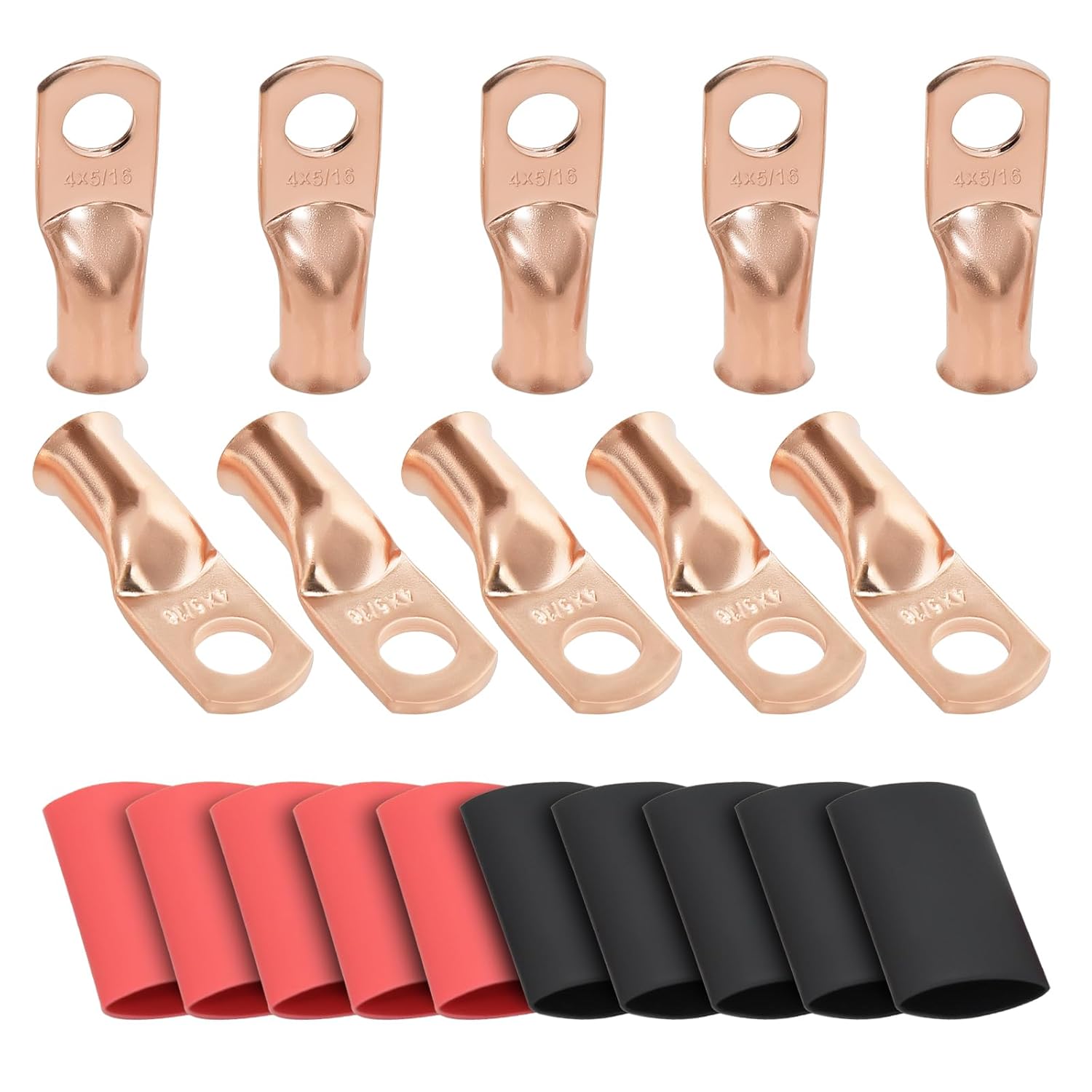 4 AWG Welding Cable Kit with Ring Terminals & Heat Shrink Tubing - 20ft Total (10ft Red +10ft Black) OFC Copper +10x 5/16" Terminals +5 Red/5 Black Tubing - American Standard