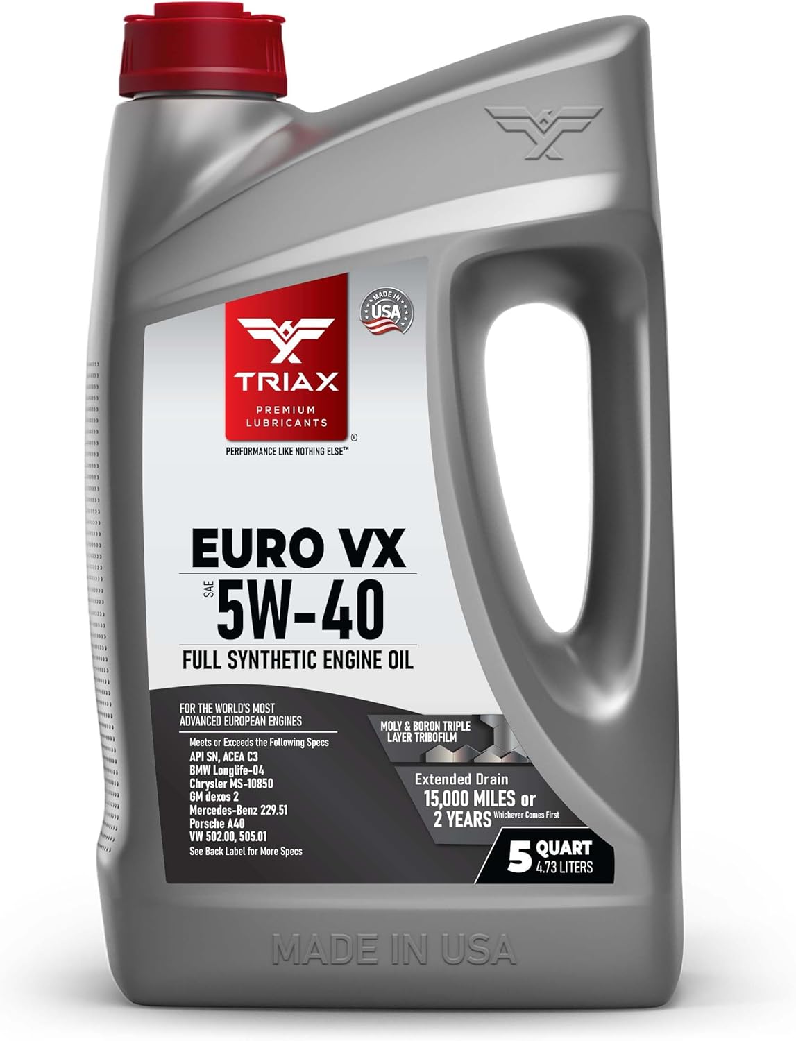 TRIAX Euro VX 5W-40 Full Synthetic, 25K Miles, Extreme Performance OEM Grade, Compatible with ACEA C3, A3/B4, VW502.00, BMW LL-04, MB 229.51, 229.5, Porsche A30 (5 Quart)