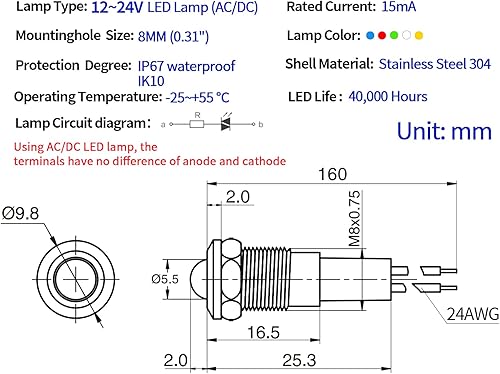 Miniatura 3 de Mini luz indicadora 0.315 in 0.31 "impermeable esfera abovedada alta cabeza metal acero inoxidable señal lámpara 12V-24V DCAC LED piloto luz con