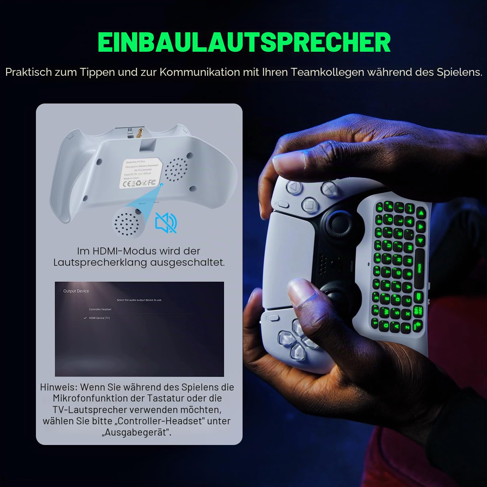 MoKo Controller Tastatur Chatpad für PS5, Kabellose Bluetooth Tastatur mit Grüner Hintergrundbeleuchtung & 3,5 mm Audioanschluss, Kompatibel mit PlayStation 5 Controller für Multiplayer Gaming Chat