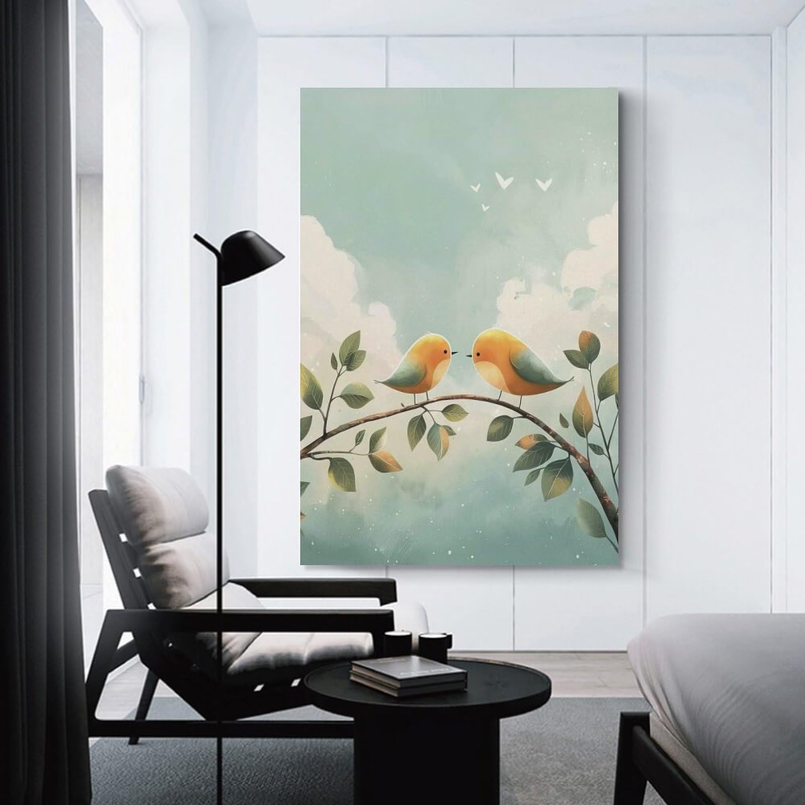Junmoney Unframe-Style-15 Two Birds On A Branch Hanging Wall Art, 24X36inch(60X90cm), For Bedroom Decor, Cosy Corners Or Studios, An Easy Wall Refresh For Bedrooms