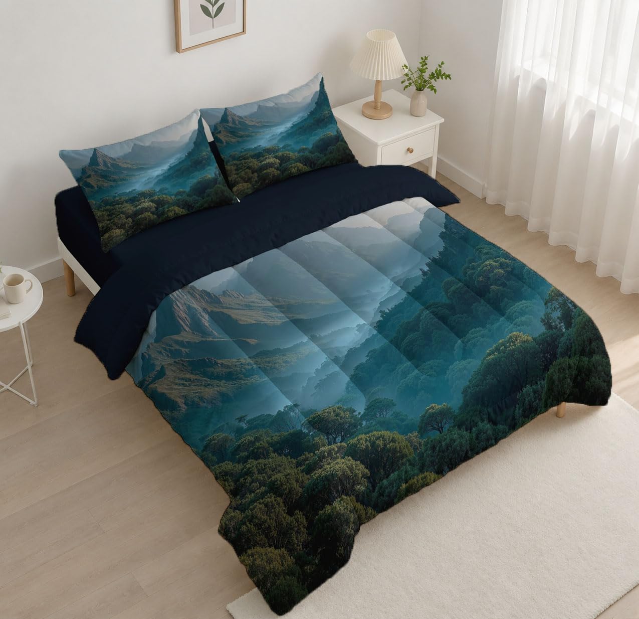 3 Piece Quilts Queen Size Bedding Set, Forest Green Lightweight Bedspread, Soft Microfiber, Misty Mountain Forest Pattern for All Season Bed Coverlet with 2 Pillow Shams, 90"X90"
