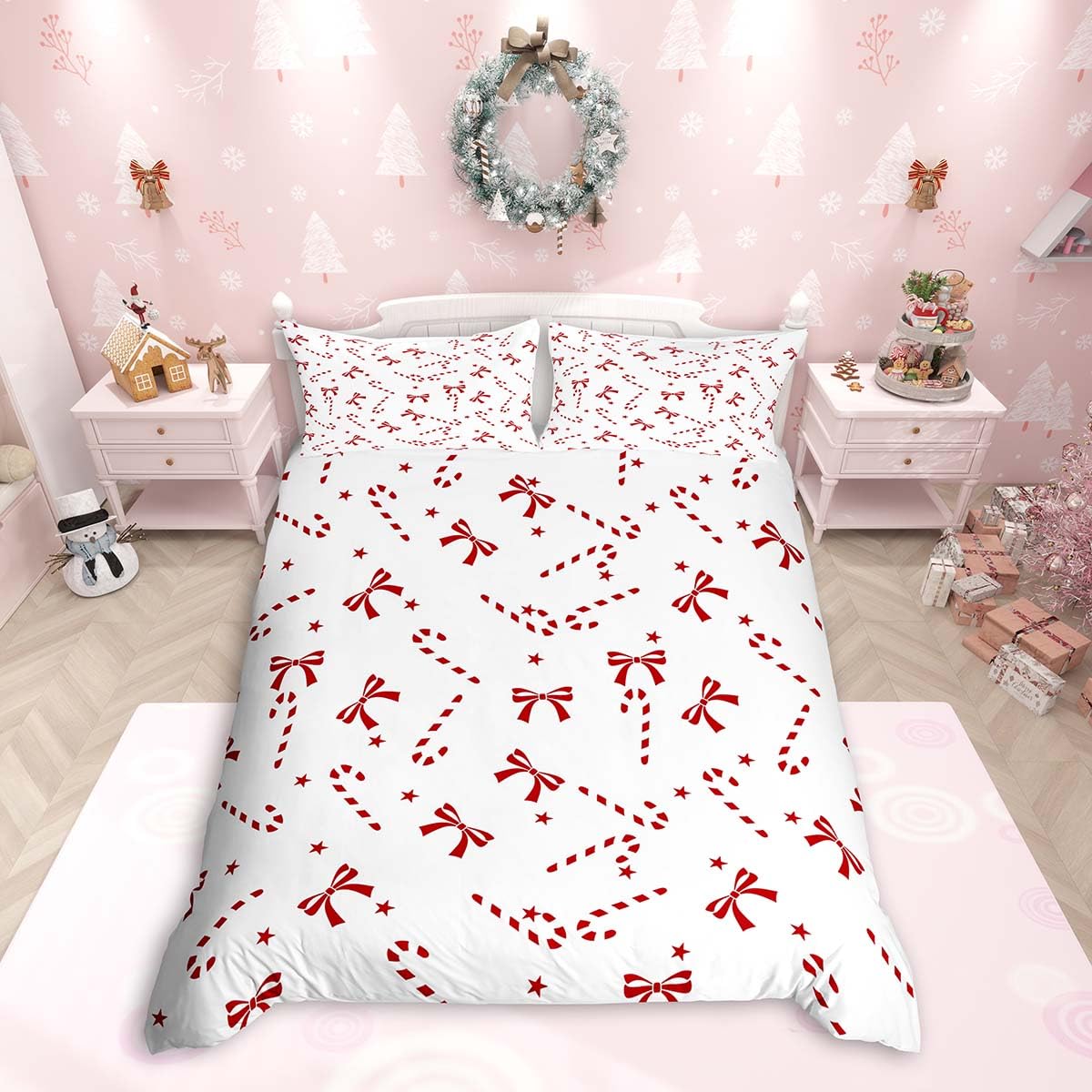 Homemissing Merry Christmas Duvet Cover Set Double Size For Kids Adults Girls Teens Xmas Candy Cane Bedding Set Cute Xmas Bowknot Duvet Cover with 2 Pillowcases Christmas Theme Bed Sets — image 1
