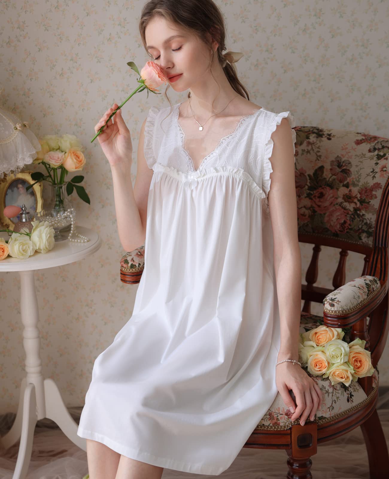 Nanxson Chemise de Nuit en Coton Tricoté pour Femme Robe de Nuit sans Manches Col en V Dentelle Vêtements de Nuit