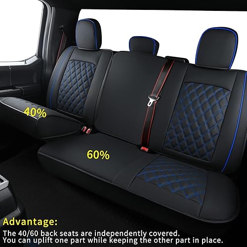 Vista 16 de LUCKYMAN Club Fundas de asiento de piel sintética F150 S07-Q2, aptas para camionetas 2015-2025 F150 SuperCrew y 2017-2025 F250 F350 F450 Super Duty