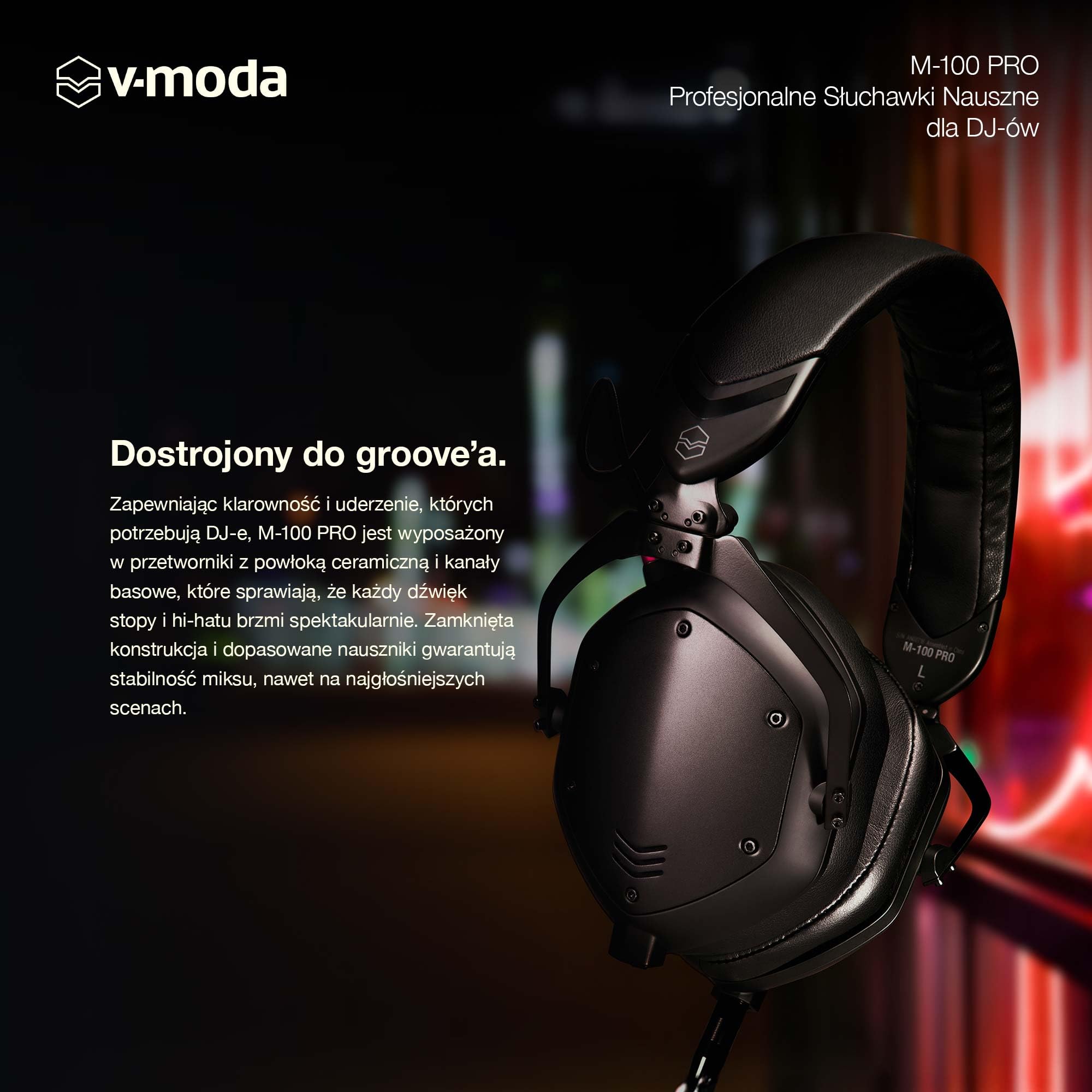 V-MODA M-100 PRO | Profesjonalne Słuchawki Nauszne dla DJ-ów | Stworzone dla Profesjonalnych DJ-ów i Muzyki Opartej na Rytmie | Doskonała Izolacja Dźwięku | Słuchanie Jednym Uchem