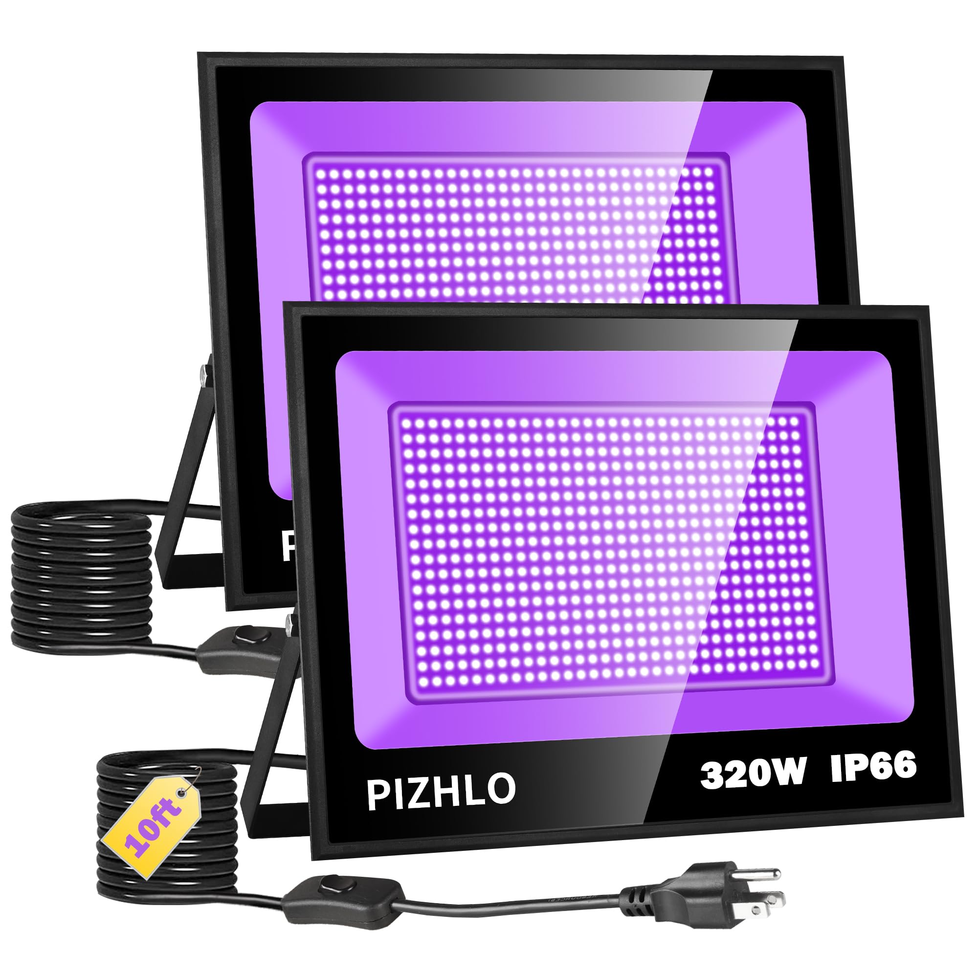 2 Pack 320W LED Black Light, Blacklight Flood Light with Plug &amp; Switch, IP66 Waterproof Outdoor Blacklight Floodlight for Halloween Fluorescent Poster Body Paint Neon Glow in The Dark Stage Lighting