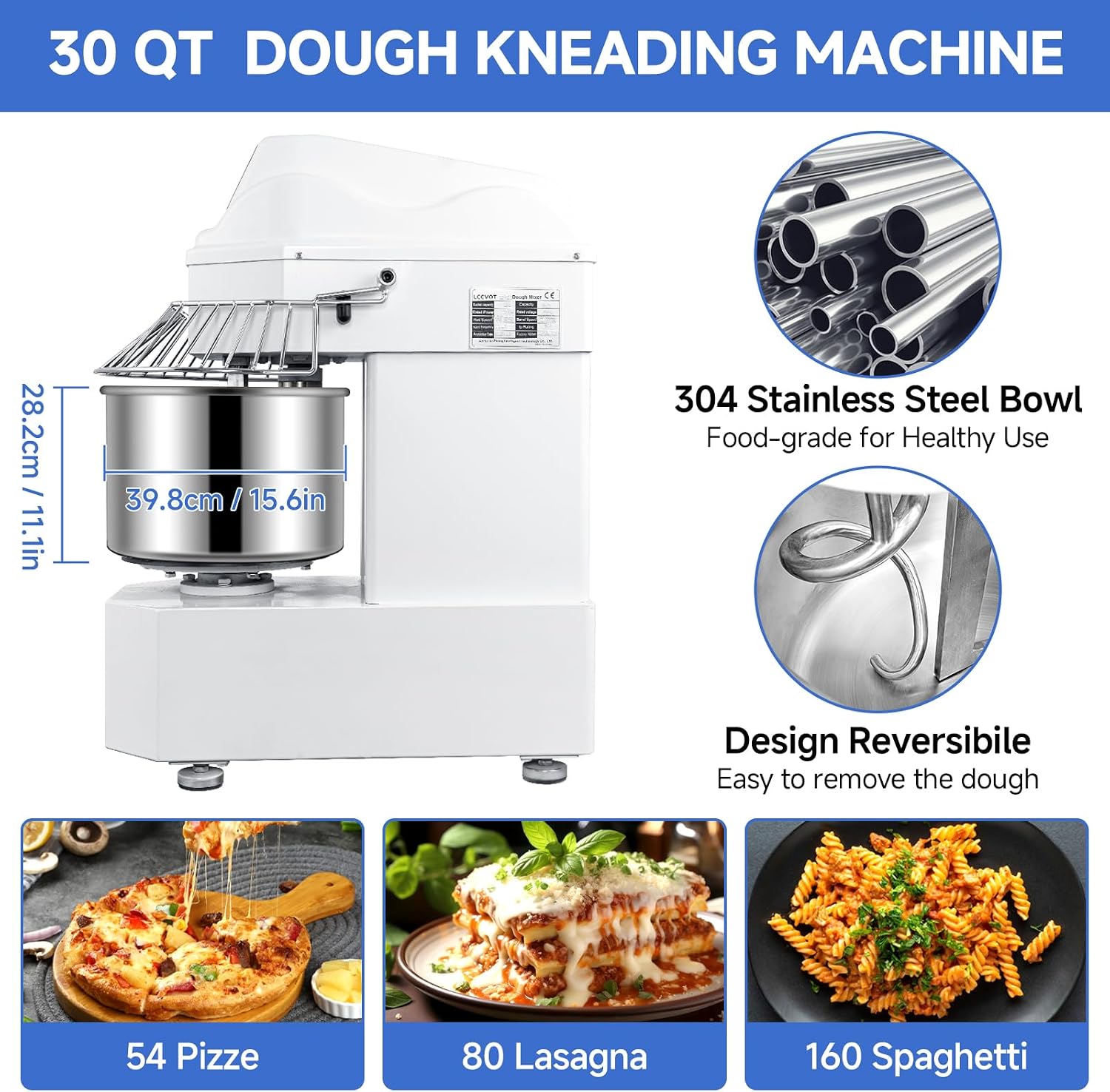 40lbs/30Qt Commercial Dough Mixer with Timer, 1800W Heavy Duty Kneading Machine with 304 Stainless Steel Bowl, Touch Screen,2 Speeds Dual Rotation for Restaurant, Bakery, Pizzeria (White)