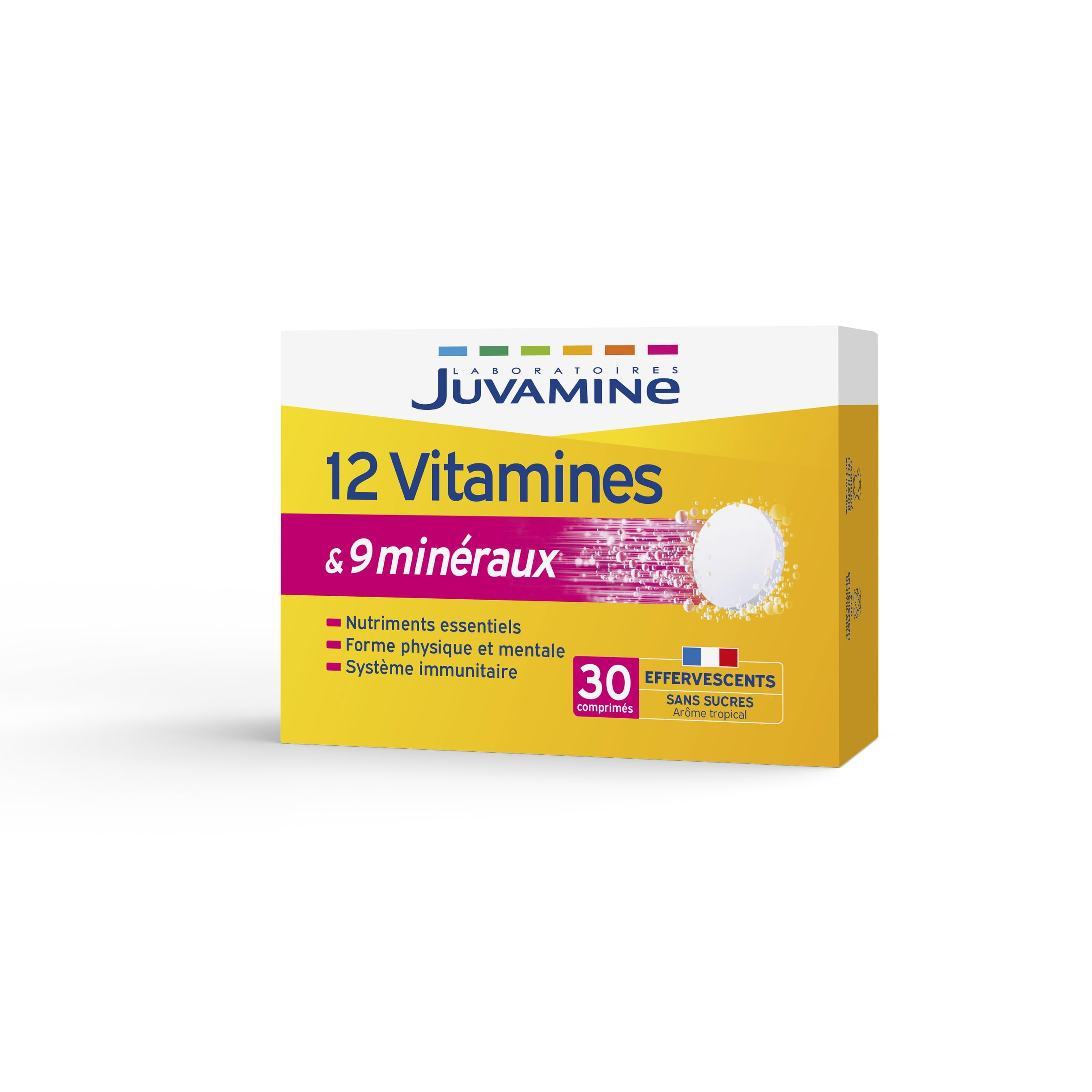 Juvamine - 12 Vitamines & 9 Minéraux Effervescents - Fatigue, Stress, Métabolisme Énergétique, Immunité - 30 Comprimés Arôme Tropical - Fabriqué en France