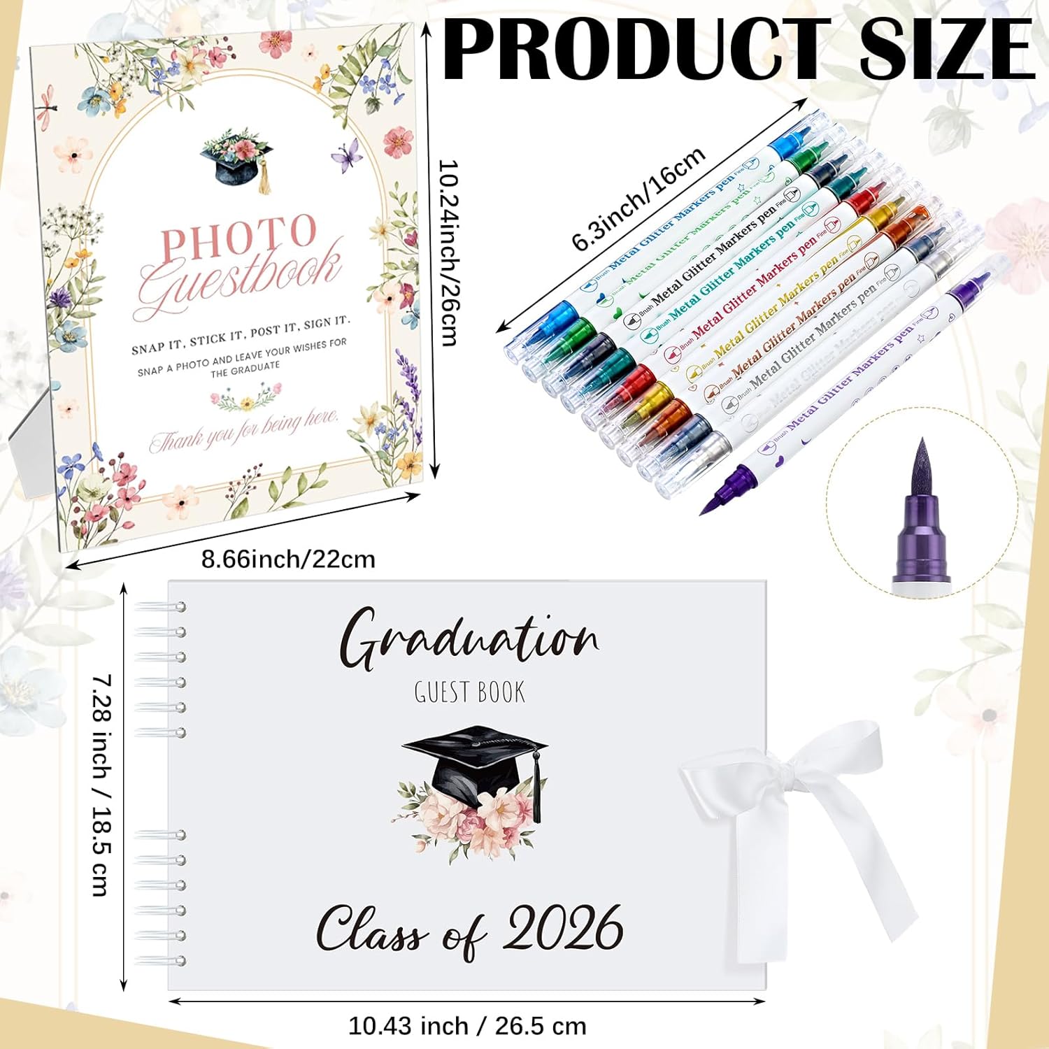 12 Pcs 2026 Graduation Guest Book with Photo Sign Decor 80 Pages Class of 2026 Scrapbook Photo Album with 10 DIY Dual Tip Metallic Markers Pens Gift, Exclude Camere(Wildflower,White,10.4 Inches)