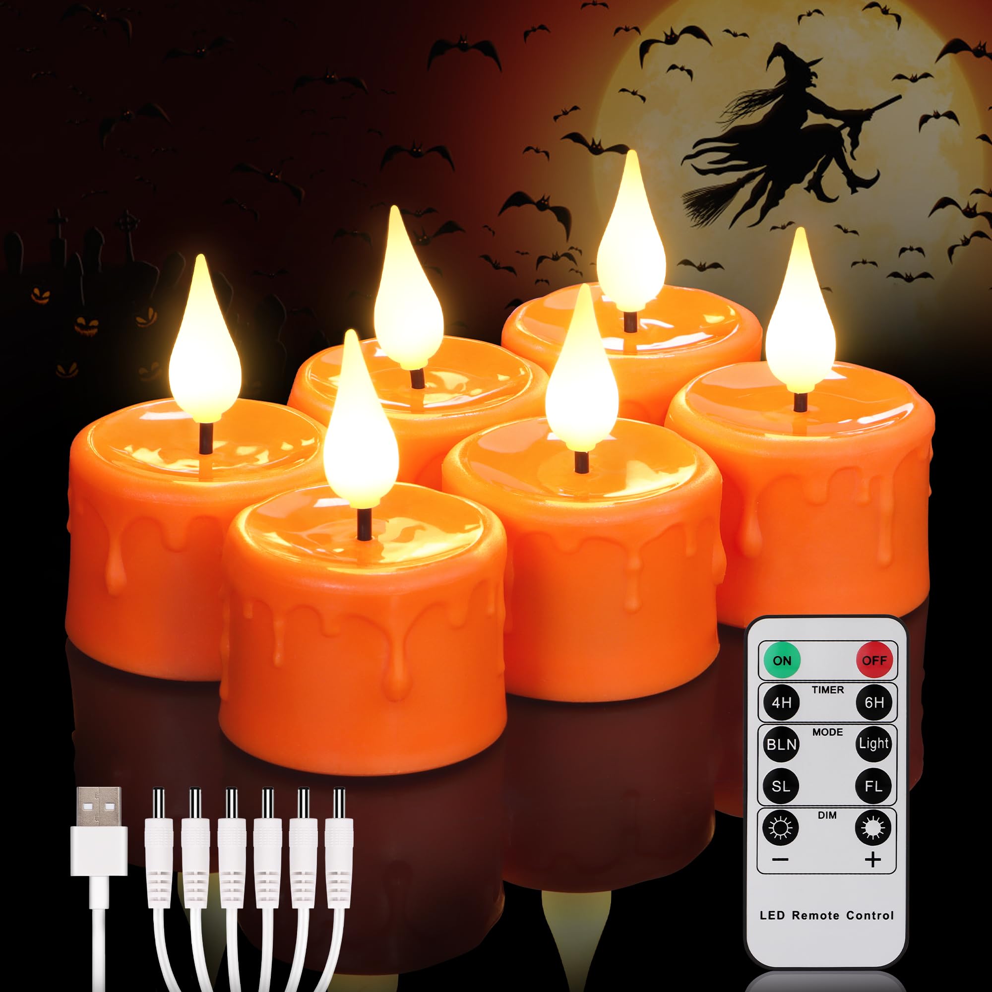 FREEPOWER 6er Orange LED Teelichter Aufladbar mit Fernbedienung Timer Flackern, Warmweißes Licht, Elektrische Wiederaufladbare Kerzen mit USB Kabel, Halloween Familie Deko, Ø4 x 5,5cm