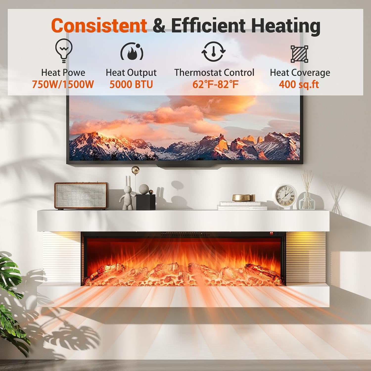 SIMOE 50-Inch Wide 3-Sided View Electric Fireplace with Floating Mantel, 12-Color Dimmable Flame & Ambient Light, 36-Inch Wall Mounted Fireplace (750/1500W) with Remote, 8H Timer, White