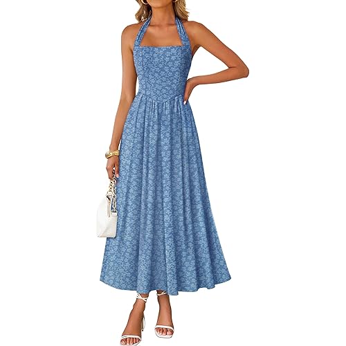 ZESICA Women's Summer Sleeveless Floral Maxi Dresses 2026 Halter Neck Flowy A Line Formal Cocktail Wedding Guest Long Dress
