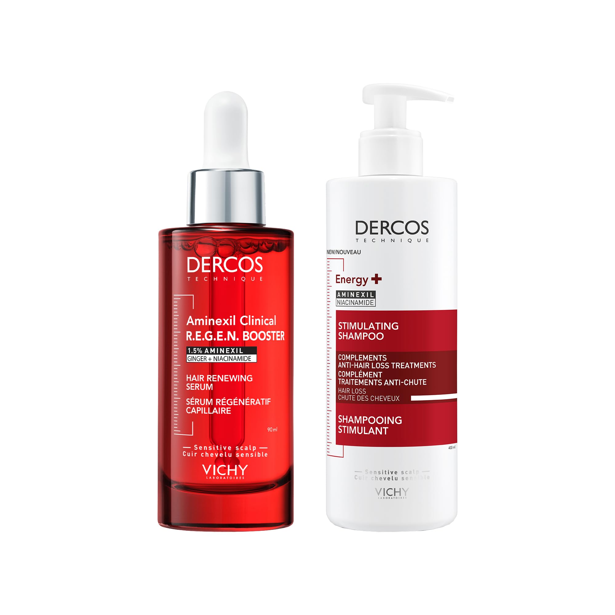 Vichy, Dercos, Routine Anti-Chute des Cheveux, Shampooing Stimulant 400ml, Sérum Régénératif R.E.G.E.N. Booster 90ml, Enrichis en Aminexil, Lot de 2 produits
