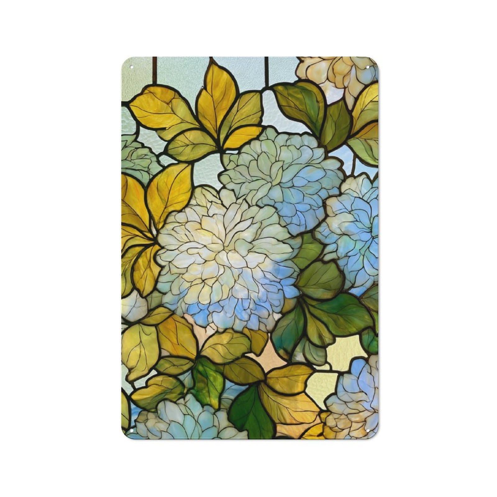 Jubonexis Stained Glass Pale Blue Chrysanthemum Flowers Tin Metal Signs Wall Art Decorations for Bar Pub Club Cafe Room Farmhouse White 30x20cm