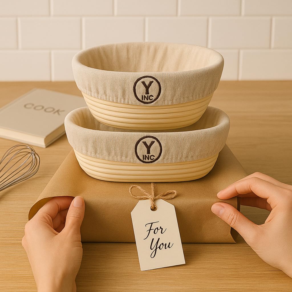 Y Inc. Set di 2 cestini per la lievitazione del pane, cestino ovale e rotondo (25,4 cm), cestini per lievitazione del pane, kit per la preparazione del pane.