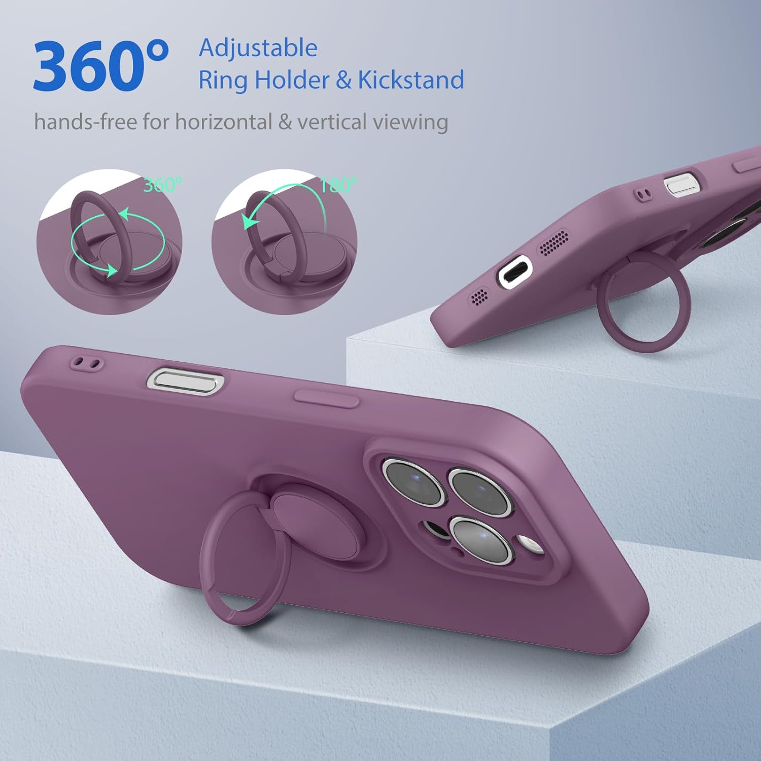 ABITKU for iPhone 16 Pro Case with Ring Stand, Liquid Silicone Slim Design Support Magnetic Car Mount (with Wrist Strap Lanyard) Phone Cover for iPhone 16 Pro 6.3 inch, Lilac Purple - Image 3