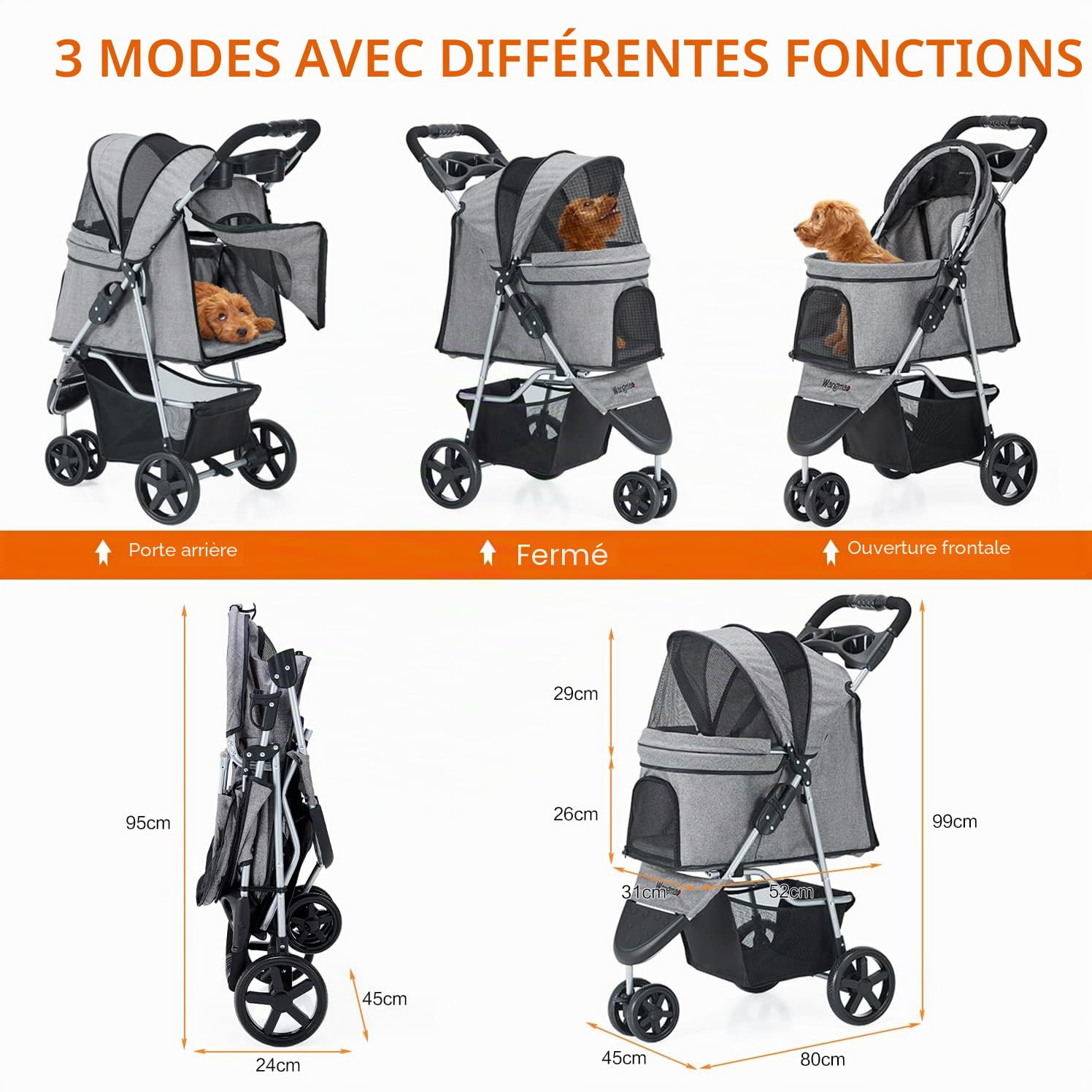 Poussette Chien Chat Animaux 15kg Pliable Une Main, Tissu Oxford 600D, Frein Sécurisé, 3 Roues Buggy Tout Terrain avec Panier, Grise