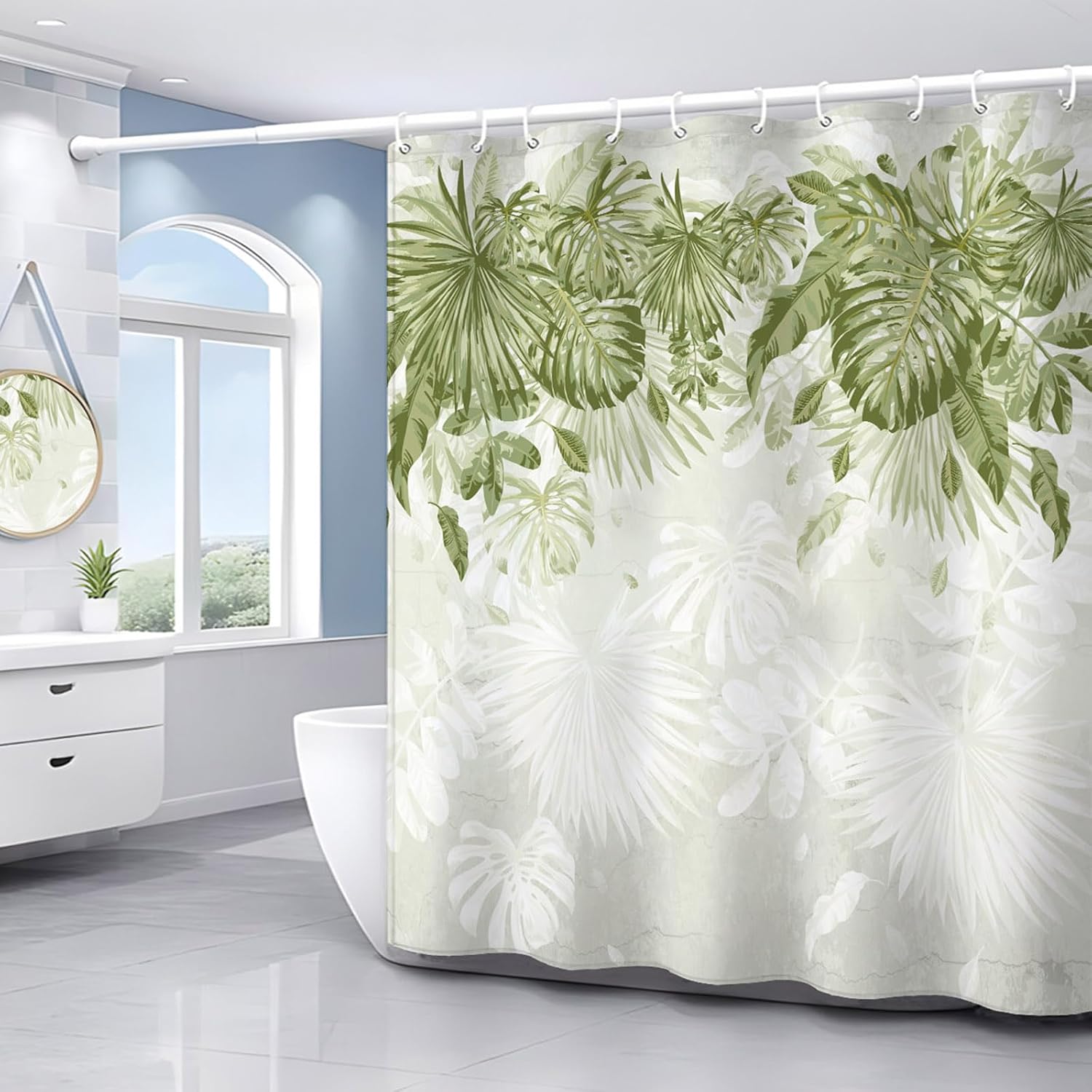 Tropical Leaves Shower Curtain, Green Palm Monstera Leaf Shower Curtains for Bathroom Sage Green Waterproof Fabric Bathroom Curtains 72x72 Inch with 12 Plastic Hooks