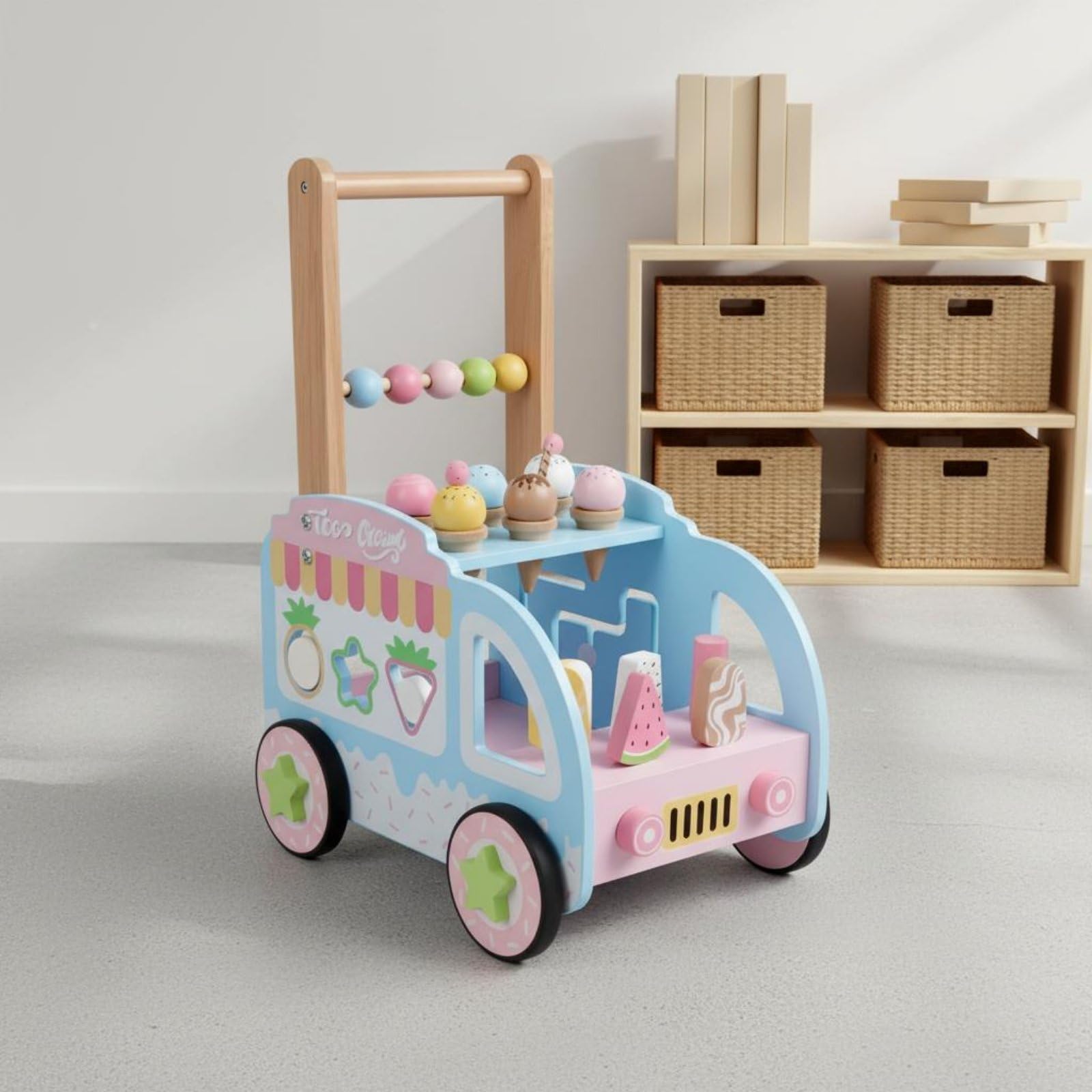 Carrello Gelato in Legno Multifunzione Carrello Primi Spostamenti in Legno Sicuro Giocattolo Educativo per Neonati, Asilo