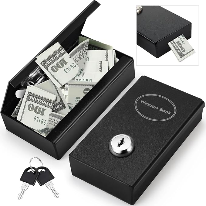1 Pack Metal Box for Gamblers Pocket Sized Winner Bank Casino Cash Box with 2 Keys Portable Casino Money Safe strongbox for Cash Saving Go Home Money Gifts(Black)
