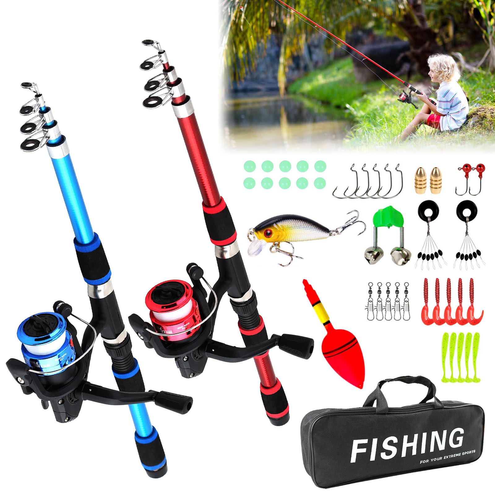Juego de pesca para niños, juego de iniciación para niños, juego de cañas de pescar para niños, 180 cm, juego completo de accesorios de pescado, caña de pescar telescópica con carrete de pesca, juego