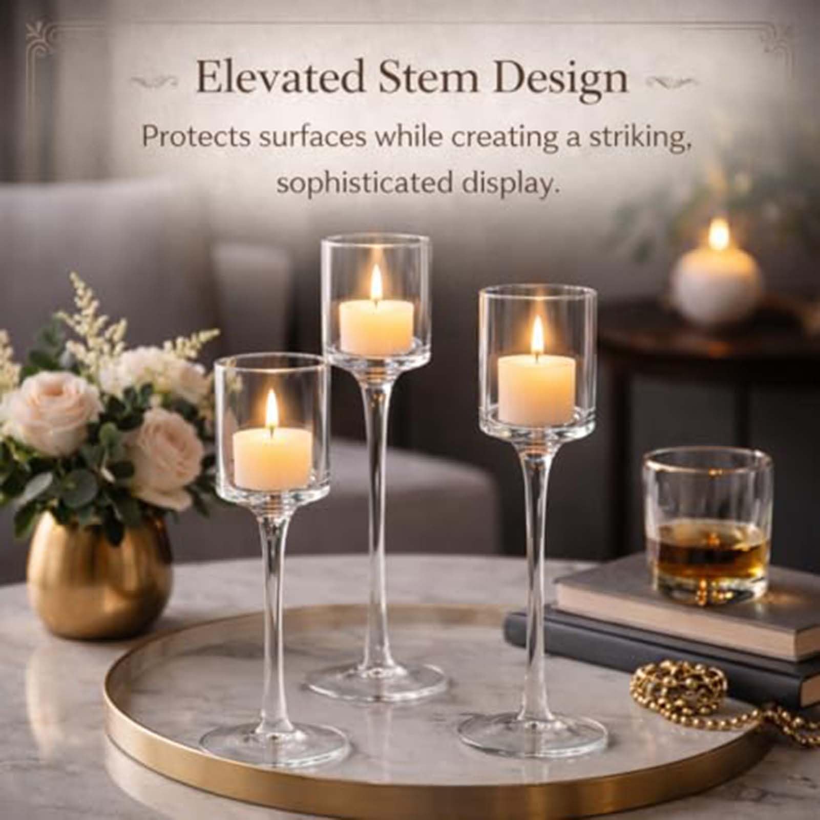 Set Di 3 Portacandele In Vetro Trasparente Con Stelo, Alti E Con Piedistallo, Eleganti Supporti Per Candele Votive, Ideali Come Centrotavola Per Matrimoni E Decorazioni